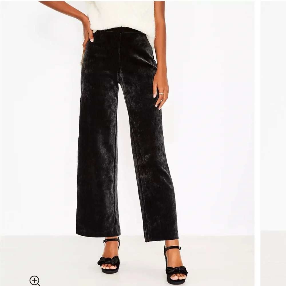 LOFT Womens Black Ribbed Velour Pull On Wide Leg Pants Size Large Lounge Velvet